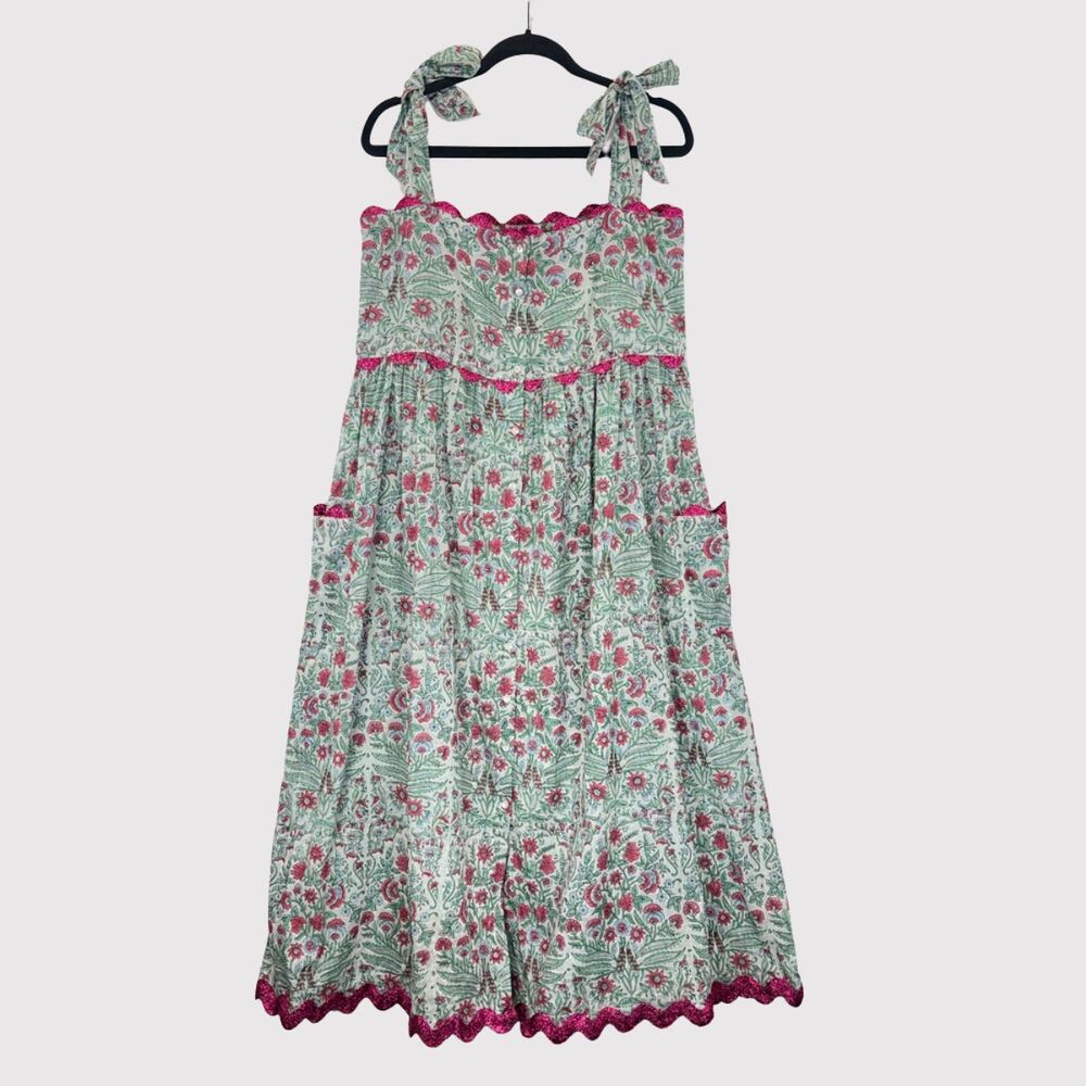 Juliet Dunn Dress Green Midi Shoulder Tie Floral Crochet Cottagecore Size 8/10
